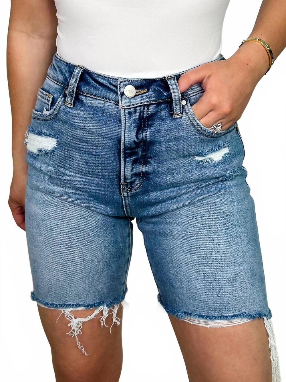 NEW RISEN natalie tummy control distressed high-rise fray hem bermuda shorts in